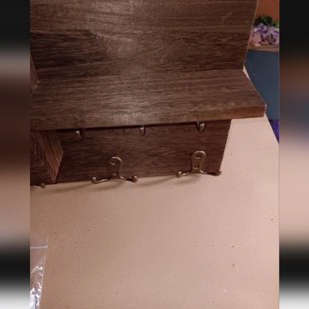 Brown Wooden Mail Organizer with Hooks
